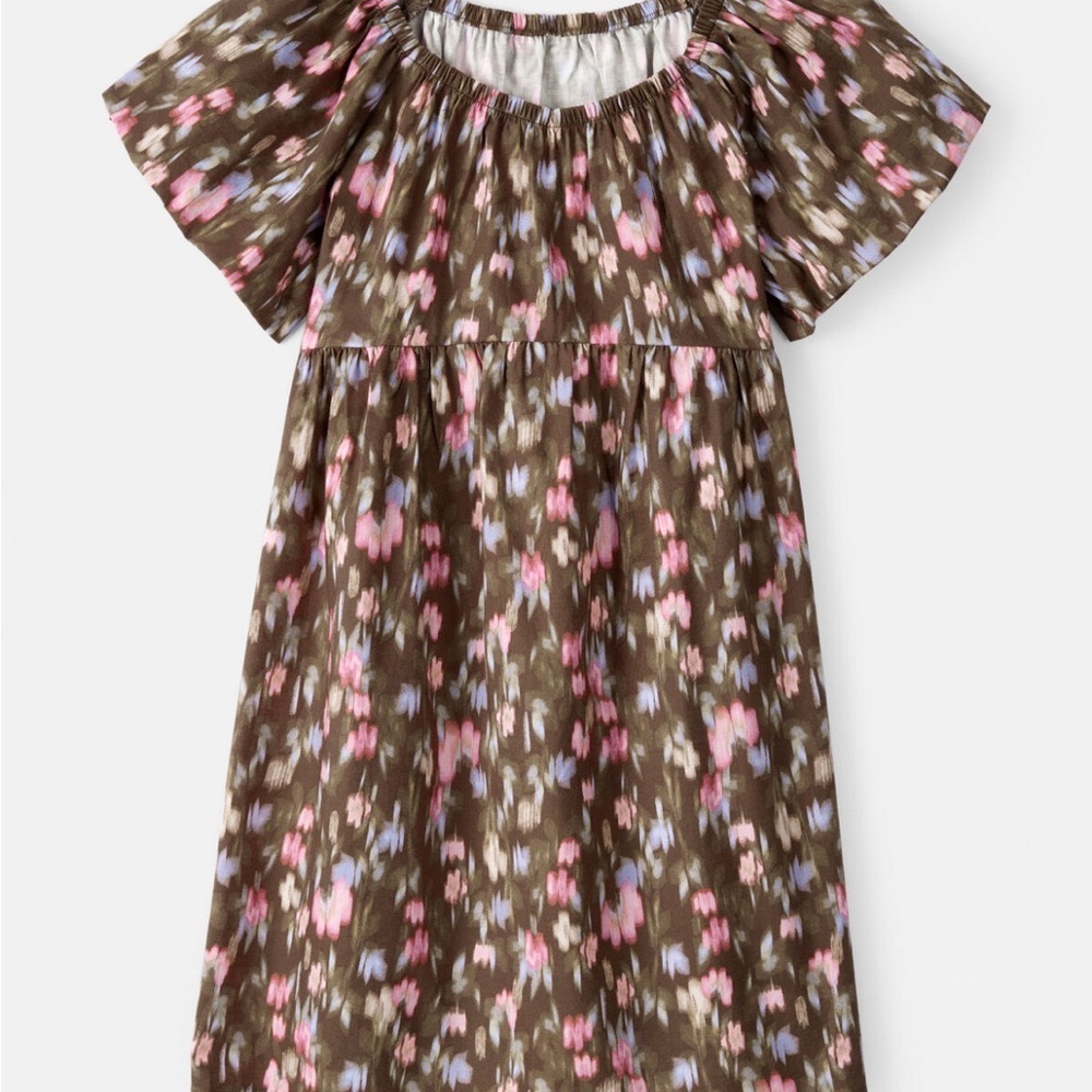 OSHKOSH NWT Cotton Brown Floral Casual Dress with Pink and Blue Accents